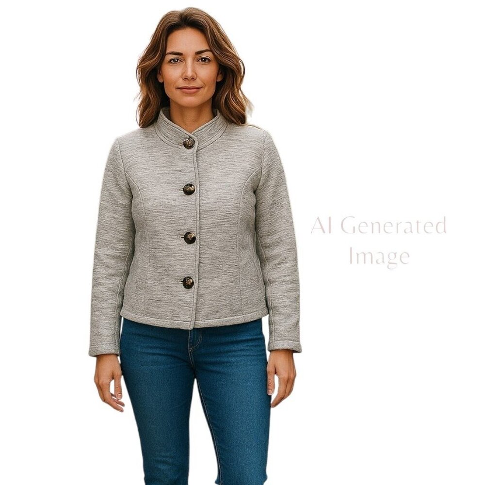 Cabi Womens Hourglass Heather Gray Short Button Front Blazer Fleece Jacket Sz S
